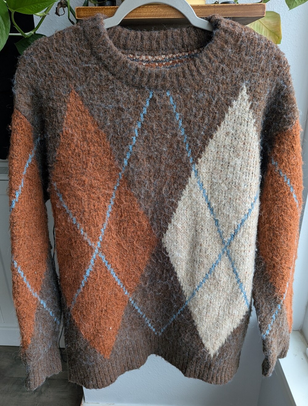 Fuzzy Oversized Argyle Wool Blend Sweater Dark Academia Grandpacore Chunky Knit